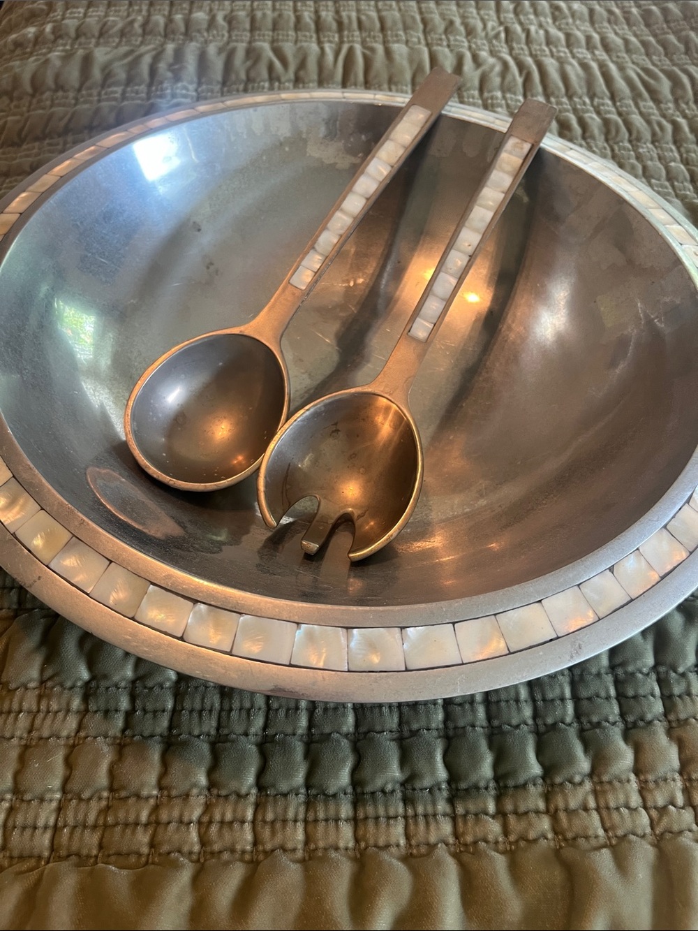 Mother-of-pearl 15 inch bowl and matching utensils